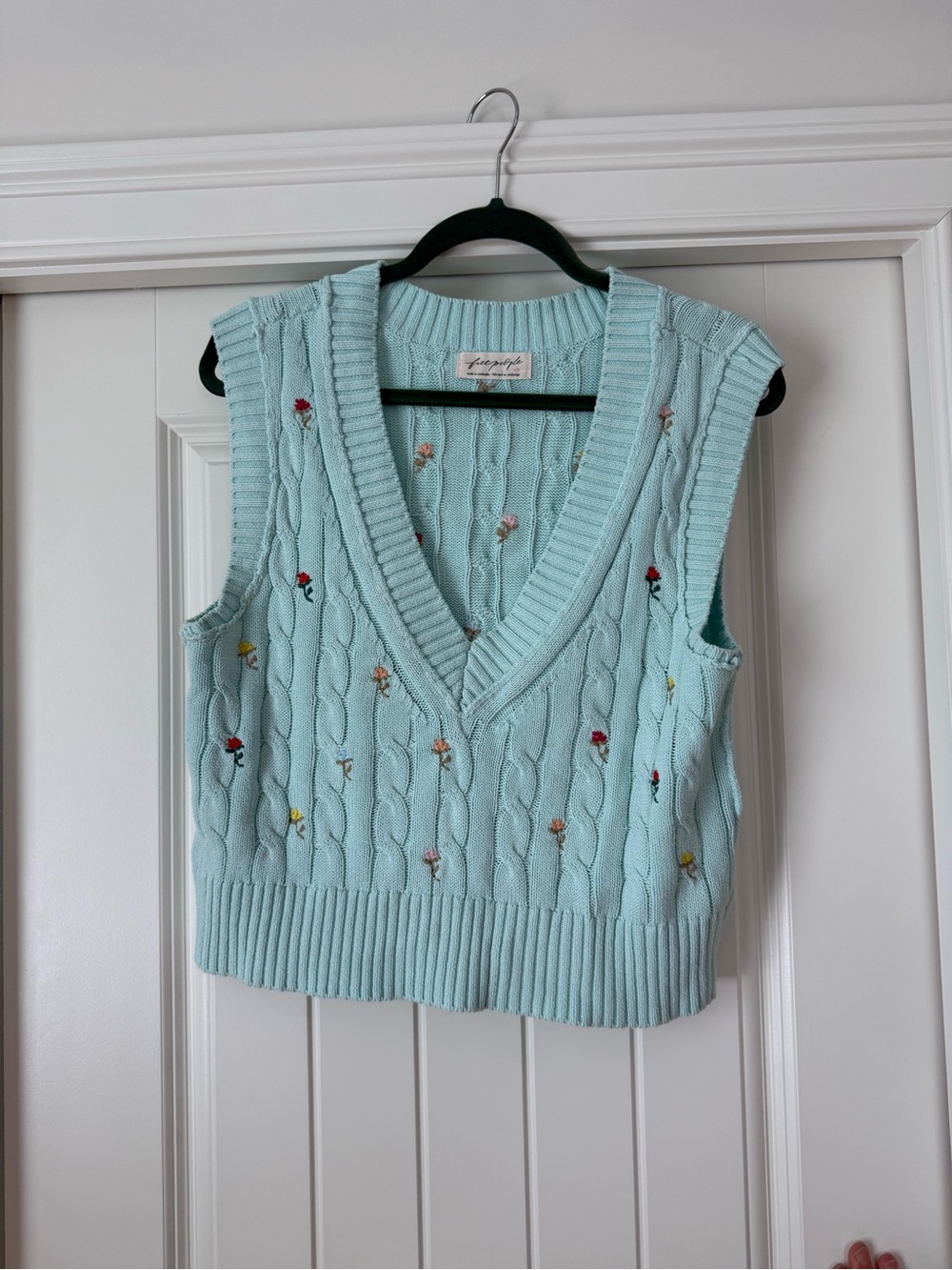 Light Blue Cable Knit V-Neck Sweater Vest with Floral Embroidery